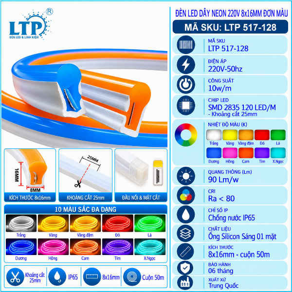 Đèn LED Dây Neon 12V 8x16mm Đơn Màu – LTP 517-128