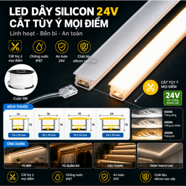 LED Dây Silicon 24V 12x10mm Cắt Đa Điểm IP65 – LTP 517-S241210